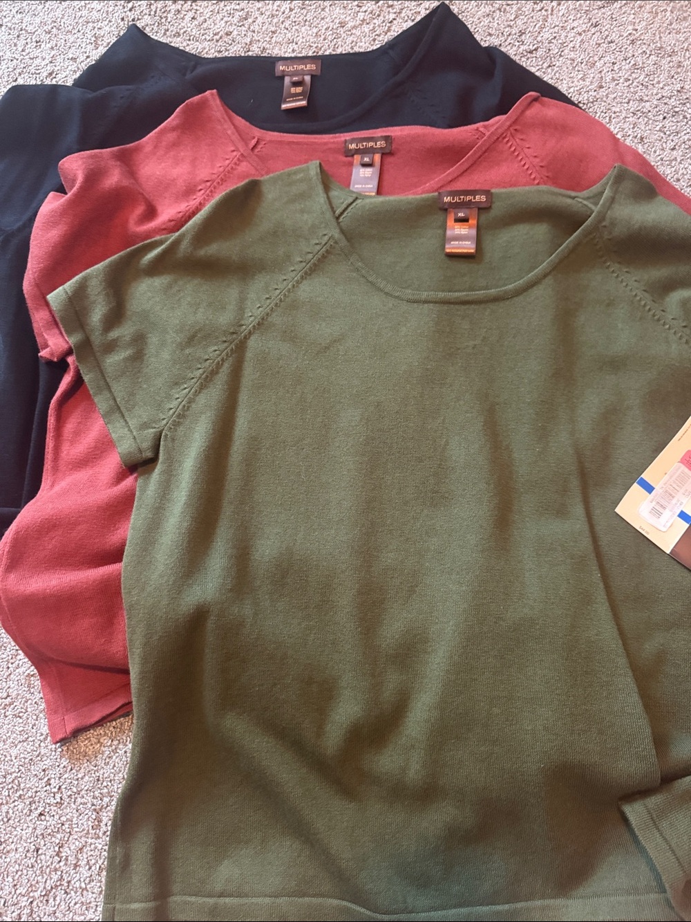 3 Multiples Knit Scoop Neck Tops in Green, Rust & Black - NWT